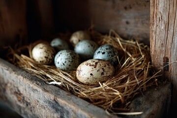 Obraz premium Speckled bird eggs sit nestled in straw within a rustic wooden box. This image is ideal for spring, nature, or farm themed projects.