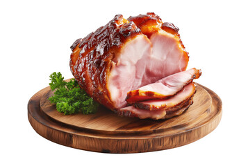 Maple baked glazed ham partially sliced with parsley garnish on wooden board, isolated on white transparent background.