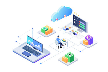 Fototapeta premium Isometric illustration of cloud computing data flow and analysis