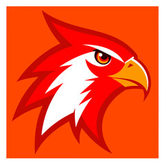 Obraz premium Side-View Red Hawk Head with Angular Styling on Vibrant Orange Background