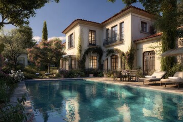 Fototapeta premium Luxury villa features a sparkling pool, lush gardens, and elegant architecture. Use it to illustrate upscale real estate, dream vacations, or tranquil lifestyles.