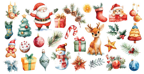 Watercolor Christmas decor elements set with pine trees, branches, Santa, deer, snowman, toys, gifts hand drawn illustrations for winter holidays celebration cards clip art