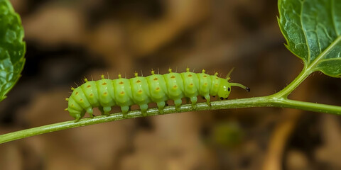 Fototapeta premium Vibrant Green Caterpillar Crawling on Fresh Leaves
