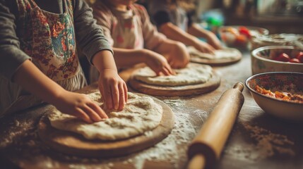 Children making pizza dough together in a cozy kitchen, surrounded by ingredients and kitchen tools, creating a warm and fun cooking atmosphere
