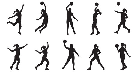 Black Line Icons of Female Basketball Players for Athletic and Sports Designs