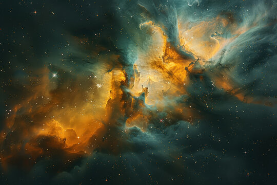 Vibrant orange teal cosmic nebula abstract background featuring glowing stardust stars swirling gas dust cluster deep space mystery