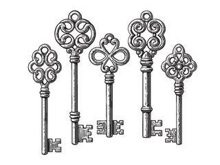 Vintage key set engraving for fantasy maps historical art and gothic tattoo-style illustrations