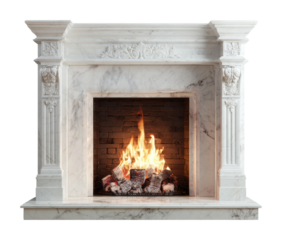 Cozy winter evening fire elegant marble fireplace home warm atmosphere view isolated on transparent background