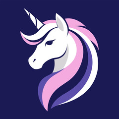 Stylized Unicorn Head in White and Lilac with Flowing Mane on a Navy Background