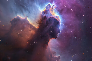Vibrant cosmic nebula forming abstract human face profile representing universal spiritual consciousness and mystical creation in infinite deep space expanding with starlight