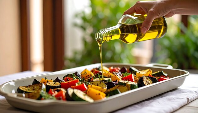 Olive oil drizzling over roasted vegetables in a baking dish, healthy eating concept
