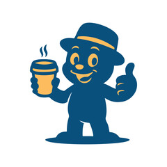 Coffee Shop Mascot vector Logo, Happy Cartoon Character with hat holding a coffee cup and giving a thumbs up.