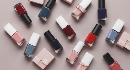 Obraz premium Overhead shot of multiple nail polish bottles in various colors arranged on a flat surface backdrop
