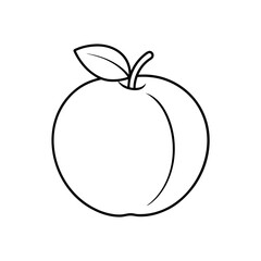 Simple white outline of a peach with a leaf on a black background