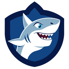 Cartoon Shark Icon with Jagged Teeth and Navy Blue Badge Background