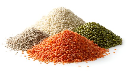 A healthy, realistic arrangement of grains and legumes. A small pile of white quinoa, a pile of red lentils, and a pile of green mung beans, all distinct.