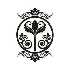 Elegant black and white heraldic emblem featuring a central stylized plant or flower within a circular frame, adorned with swirling decorative elements and leaves, isolated on white background