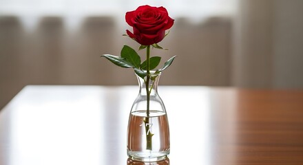 A single red rose in a clear glass vase on a wooden table.