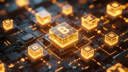 Digital Circuit with Illuminated Cubes Representing Cryptocurrency