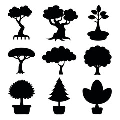 Collection of 8 minimal tree silhouettes isolated on white background