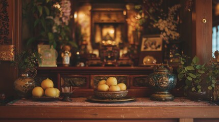 Traditional japanese butsudan home shrine with fruit offerings celebrating obon