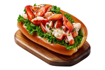 Lobster roll sandwich with lobster meat, lettuce and herbs in buttered bun on wooden plate, isolated on white transparent background. Concept of gourmet seafood cuisine meal