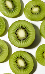 Fototapeta premium Vibrant green kiwi fruit slices arranged in a pattern on a white background. A concept of fresh, healthy eating.