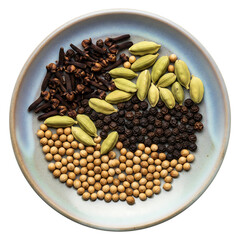 Culinary spice assortment: cloves, cardamom, black pepper, and coriander seeds