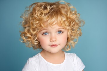 Naklejka premium A young child with curly blonde hair and blue eyes poses against a blue background, wearing a white shirt and a gentle expression