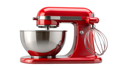 Red stand mixer with stainless steel bowl isolated on transparent background