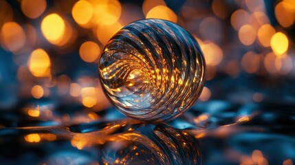 Swirling glass orb reflecting warm bokeh lights