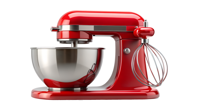 Red stand mixer with stainless steel bowl isolated on transparent background