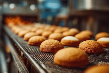 Golden brown buns move along a conveyor belt in a factory. Perfect for illustrating mass food production or bakery processes.