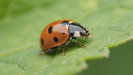Fototapeta premium A ladybug with orange and black spots resting on a green leaf
