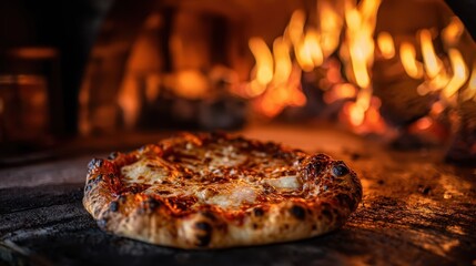 Fresh pizza on wood with cheese, near the burning fire oven. Perfect for pizza restaurants, food blogs, or culinary projects.