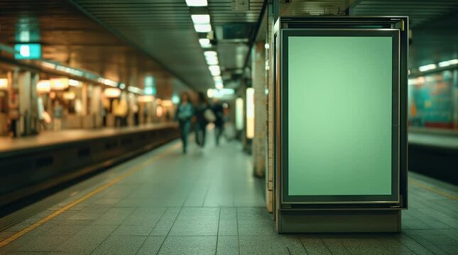 Blank Green Screen Billboard in Subway Station with Blurred Commuters