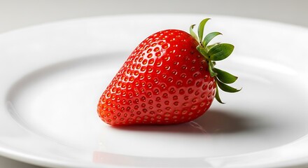 A single, vibrant strawberry rests on a white plate.