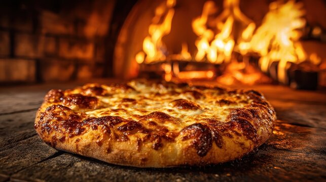 Freshly baked pizza with melted cheese near a fiery wood-fired oven. It is ideal for advertising Italian food and cooking businesses.