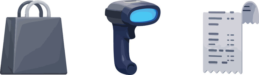 Shopping bag barcode scanner and receipt illustration