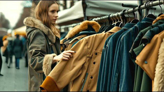 Unique collection of vintage and retro jackets at a bustling outdoor clothing swap event with vibrant live music and enthusiastic visitors
