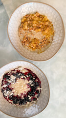 Enticing oatmeal bowls with zesty fruit symphony, exuding hygge warmth, nodding to Oatmeal Monday and harvest festival nostalgia