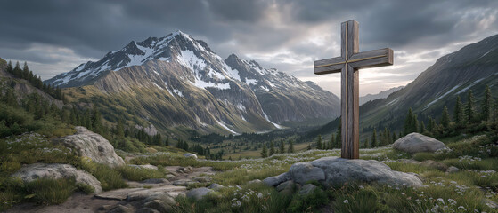 Sacred Cross of Hope: A weathered wooden cross stands majestically upon a rugged terrain, commanding attention against the backdrop of a towering mountain range and an overcast sky.
