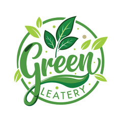 Logo for green eatery featuring vibrant green leaves and lettering within a circle, signifying organic food, healthy eating, and a fresh dining experience, ideal for restaurants and cafes