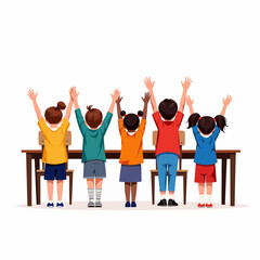 Fototapeta premium Group of children raising hands at a classroom table 