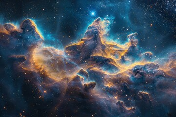 Vibrant cosmic nebula illuminating deep expanse of space with glowing stellar clouds and distant stars perfect for science and astronomy backgrounds