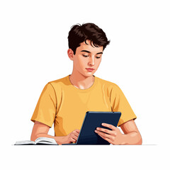 Young man reading tablet while studying at table with book  