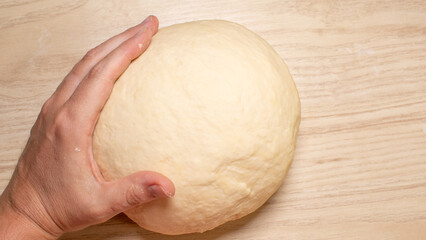 Hand cradling dough, tactile artistry in kitchen alchemy, fermenting magic, caressing future loaves; National Bread Day inspiration