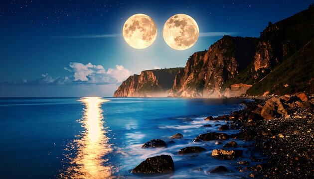 Double Moon Rising Over Ocean Coastline at Night