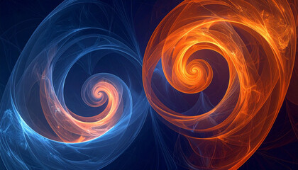 青とオレンジの双渦巻き抽象アート