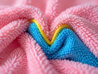Macro view of soft pink, blue, and yellow microfiber fabric texture with looped pile, creating a cozy and absorbent surface.